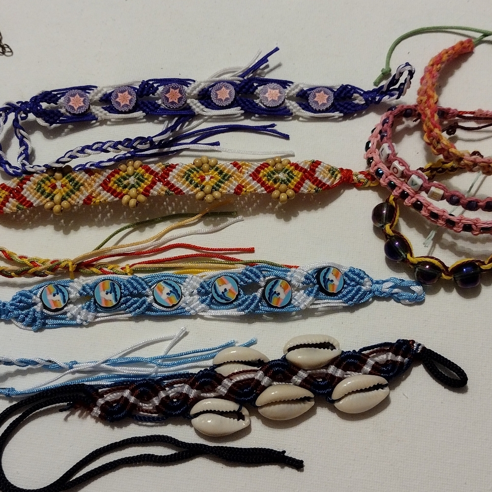 8 boho friendship bracelets stretch sizable bands shells beads weave multi-color
